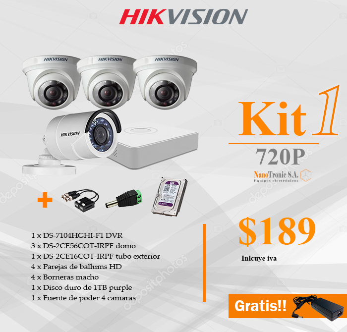 Kit 3 Cámaras de Vigilancia Hikvision Hd 720P 1Tb + Kit de